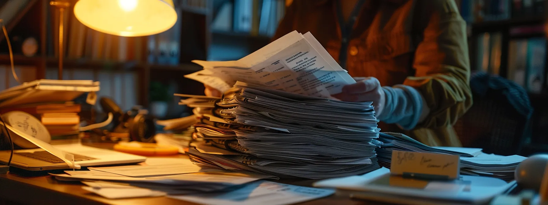 a person is organizing a stack of documents related to driver's license requirements on a desk.