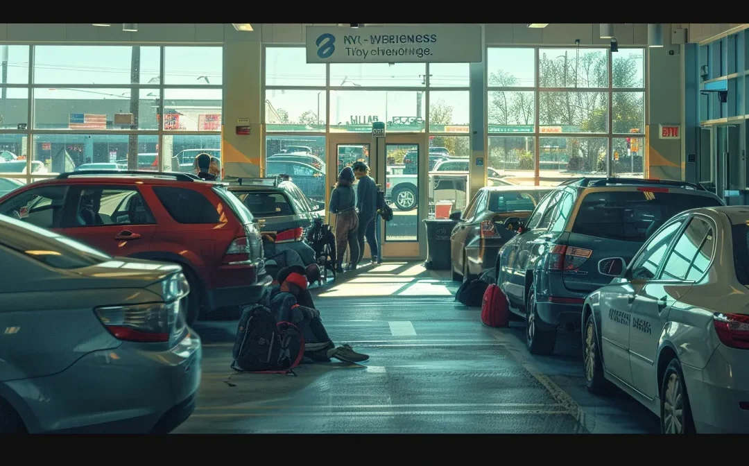 a person sitting in a car, waiting in line at the dmv to schedule their road test.