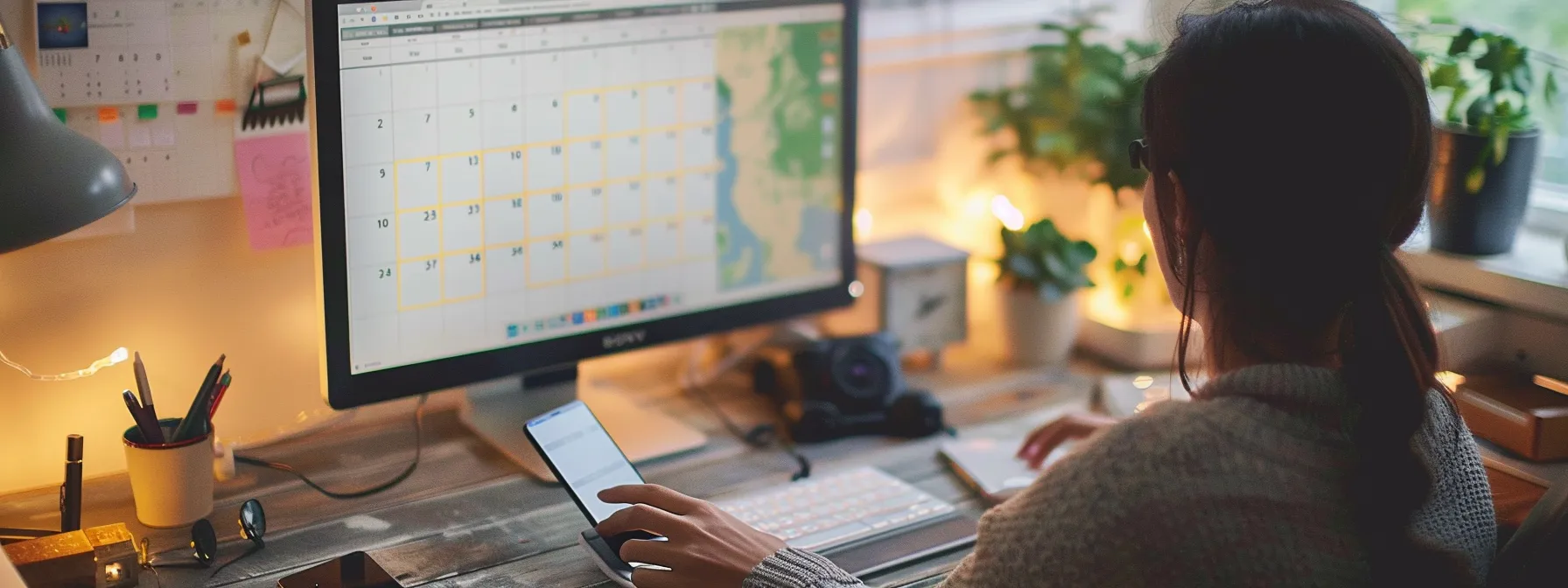a person sitting at a computer, with a calendar on the screen and a phone in hand, looking at dmv website for road test scheduling tips in ny.