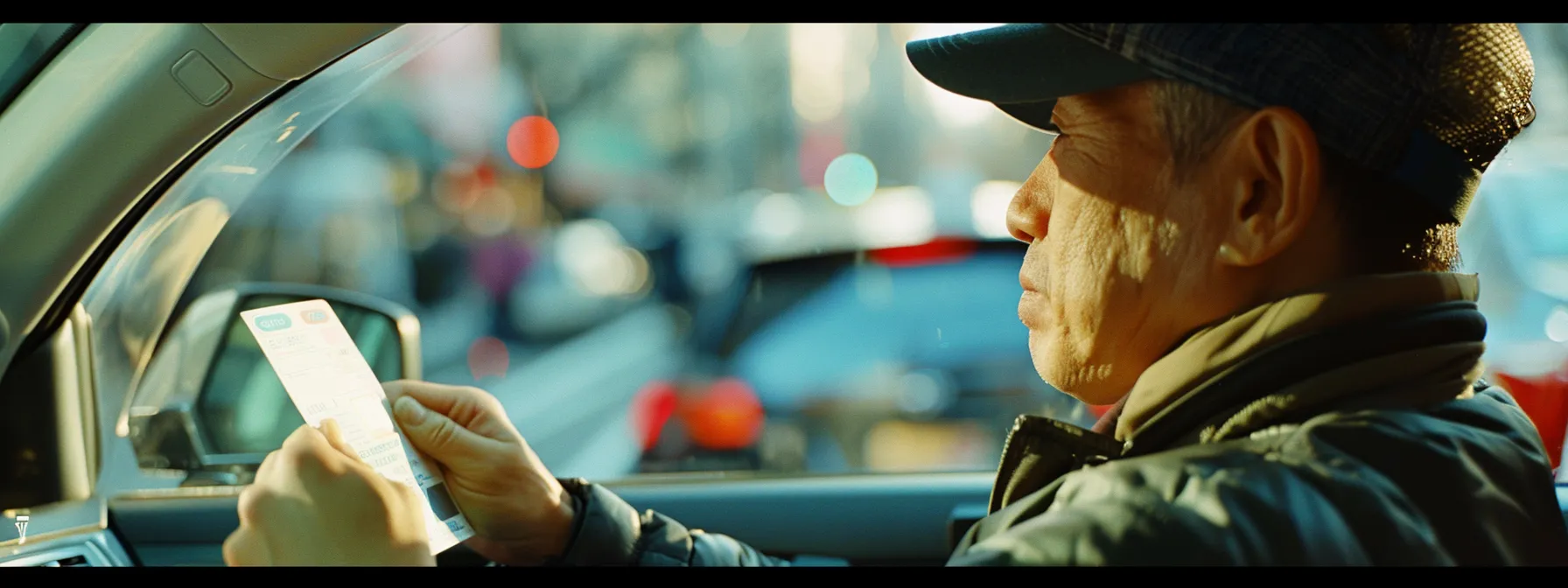 a new driver in new york receiving their license from a dmv examiner after passing their road test.