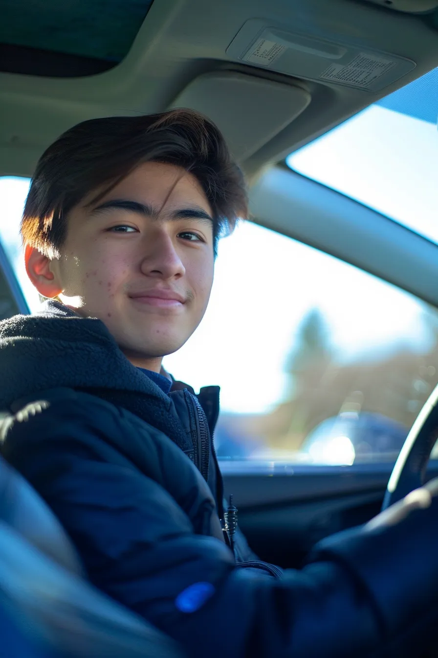 a confident test-taker sits behind the wheel of a pristine car, ready for the ny driving exam, under a clear blue sky that symbolizes readiness and achievement.