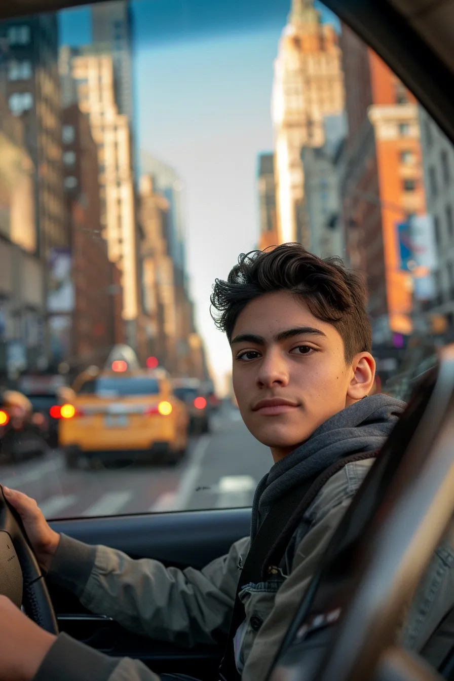 a confident young driver sits inside a polished vehicle, preparing to embark on a driving test in new york, with the iconic skyline visible through the windshield under bright, clear daylight.