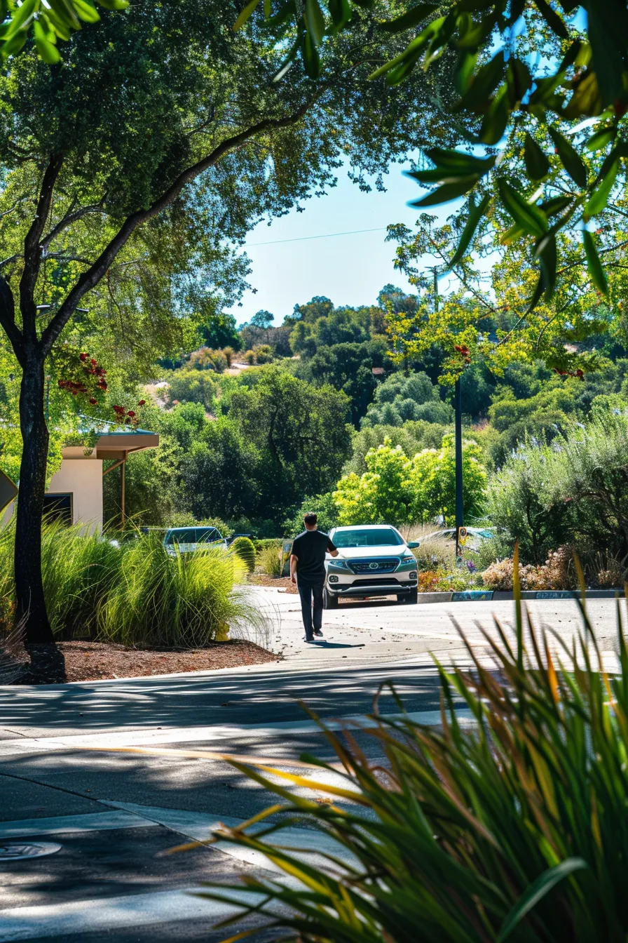 a determined aspiring driver confidently approaches a bright and inviting dmv office, ready to schedule their driving test amid a backdrop of clear skies and lush greenery.
