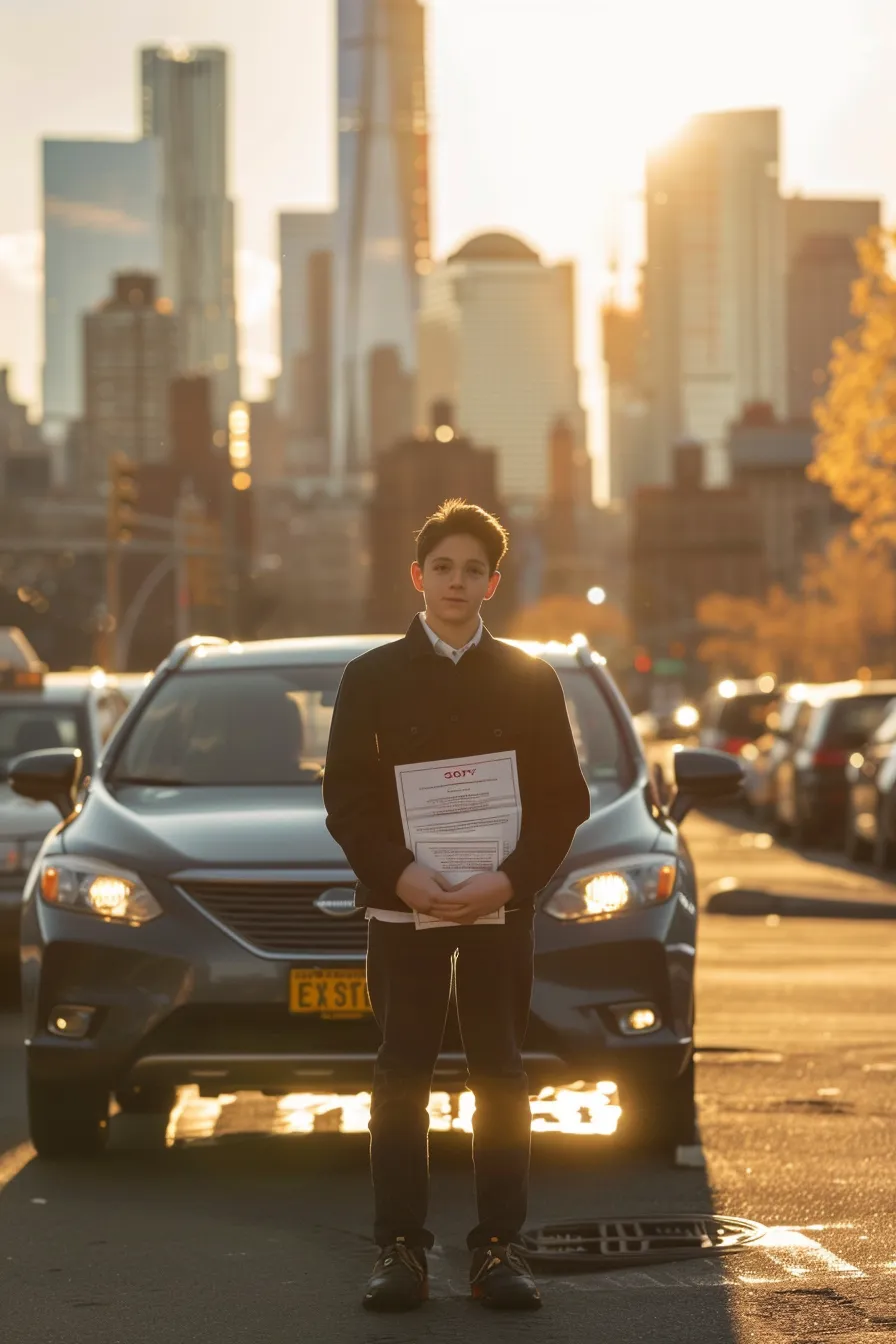 a determined young driver stands confidently beside their newly passed driving test results, with a bright, sunlight-filled new york city skyline in the background, symbolizing the transition to full driving privileges.