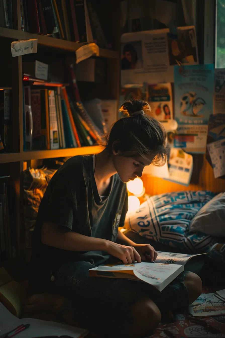 a focused teenager studies a comprehensive guidebook on driving requirements, surrounded by essential documents and a dimly lit room filled with motivational posters about safe driving.
