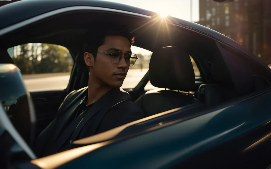 a vibrant scene of a confident young driver sitting in a sleek car, gazing determinedly ahead as sunlight streams through the windshield, symbolizing readiness and the anticipation of passing the driving test in new york.
