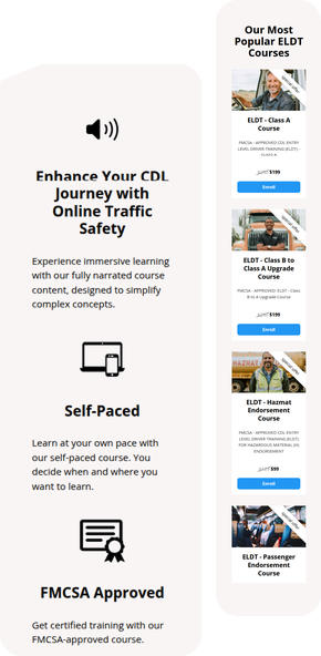 Image promoting CDL ELDT training courses with features like online traffic safety, self-paced learning, and FMCSA approval, showcasing popular course options for aspiring drivers.
