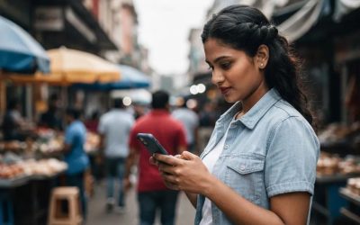 Young woman using a smartphone to schedule a New York road test appointment online in a bustling market setting.