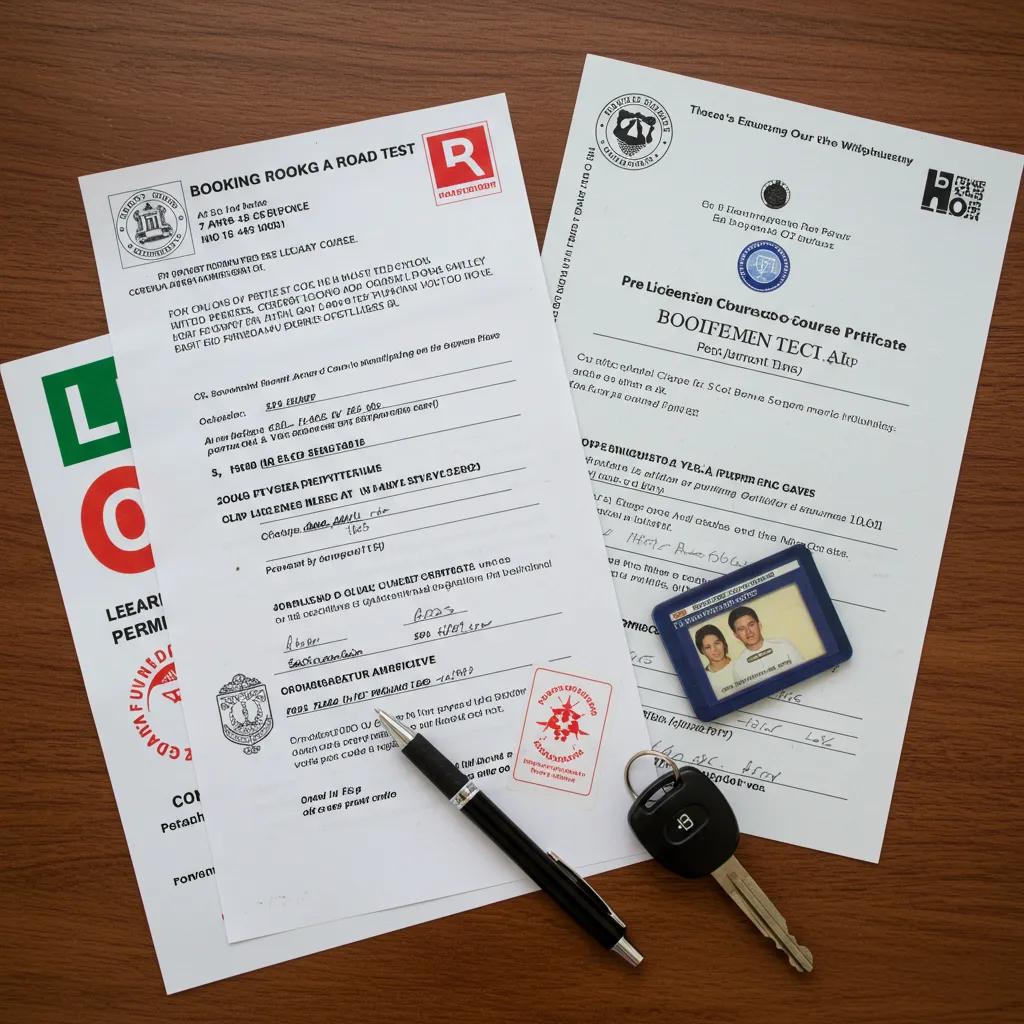 Essential documents for booking a New York DMV road test laid out neatly on a table