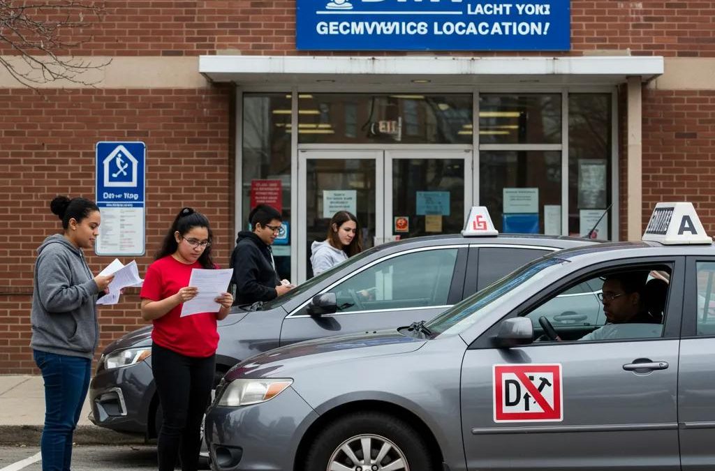 Group of diverse individuals preparing for a driving test at a New York DMV location