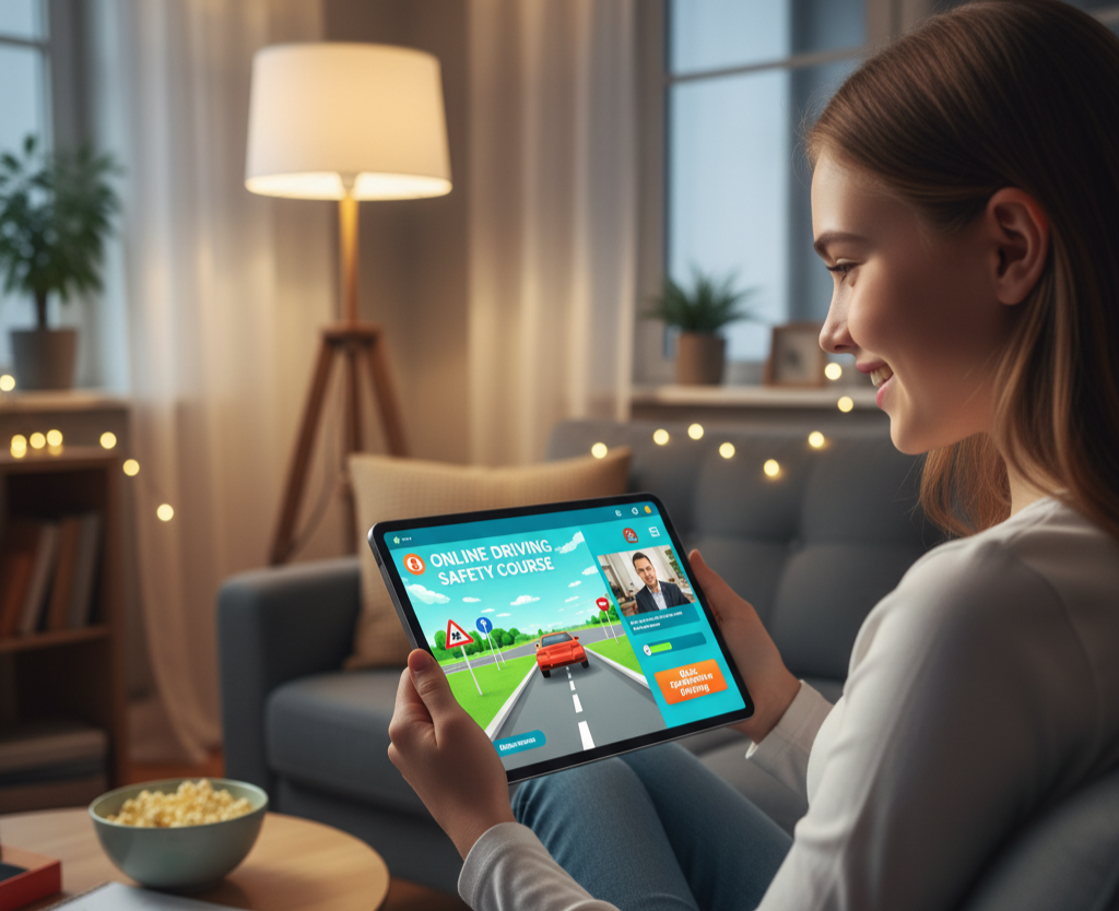 Young woman engaging with an online driving safety course on a tablet, featuring a driving simulation with road signs and a red car, in a cozy indoor setting.
