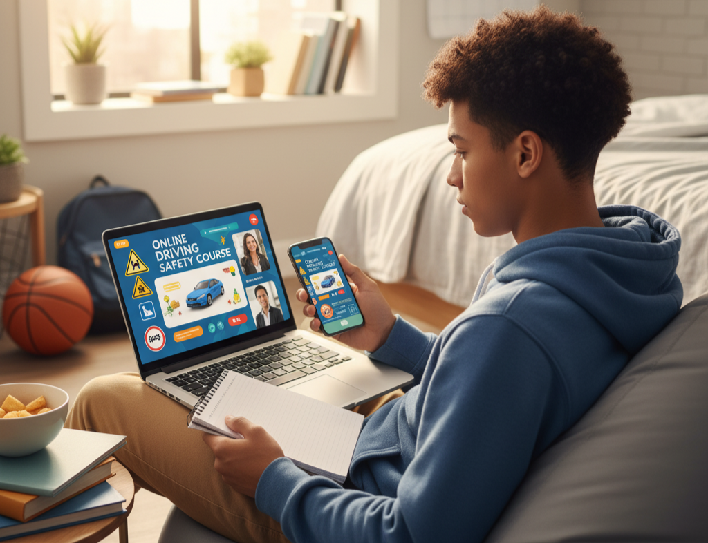 Young person engaging with an online driving safety course on a laptop and smartphone, with study materials and a basketball nearby, illustrating preparation for road tests.