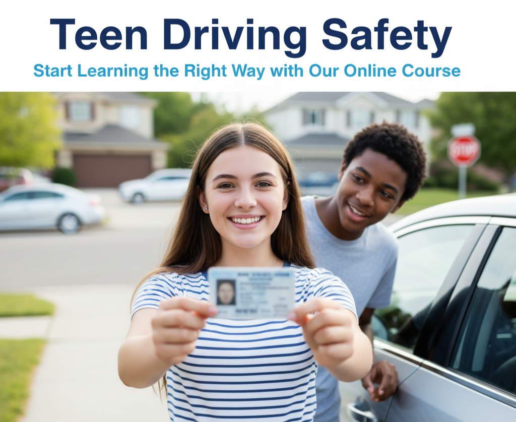 Teen holding driver's license with a smiling friend in a residential setting, emphasizing teen driving safety and online learning.