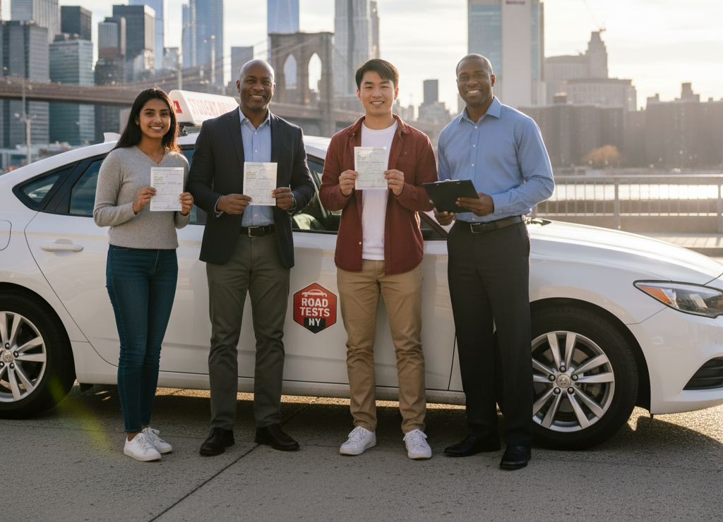 Group of three diverse individuals holding driving permits, standing beside a white car with "Road Tests NY" signage, with NYC skyline in the background, illustrating successful road test preparation and achievement.