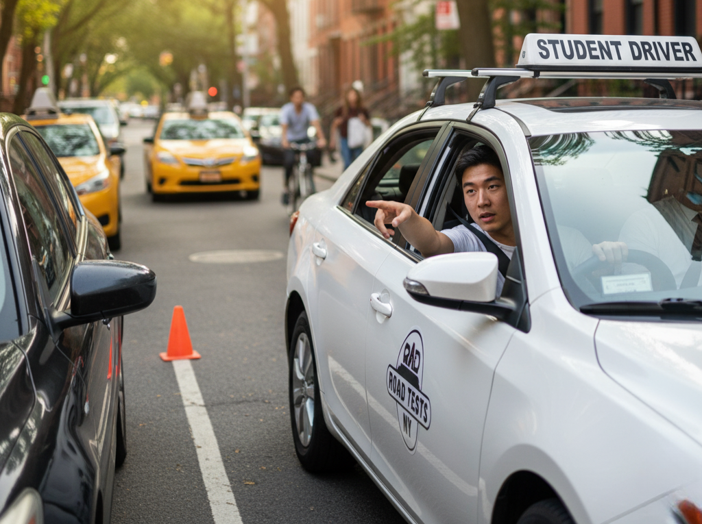 Student driver in a car with "Road Tests NY" logo, pointing while practicing driving in NYC traffic, surrounded by yellow taxis and a bicycle, emphasizing urban driving lessons.