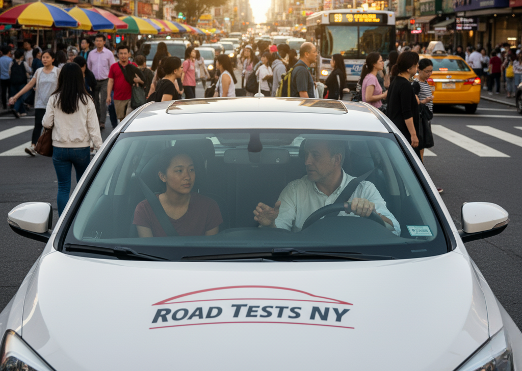 Driving lesson in Queens with instructor and student inside a car marked "Road Tests NY," surrounded by pedestrians in a busy urban setting.
