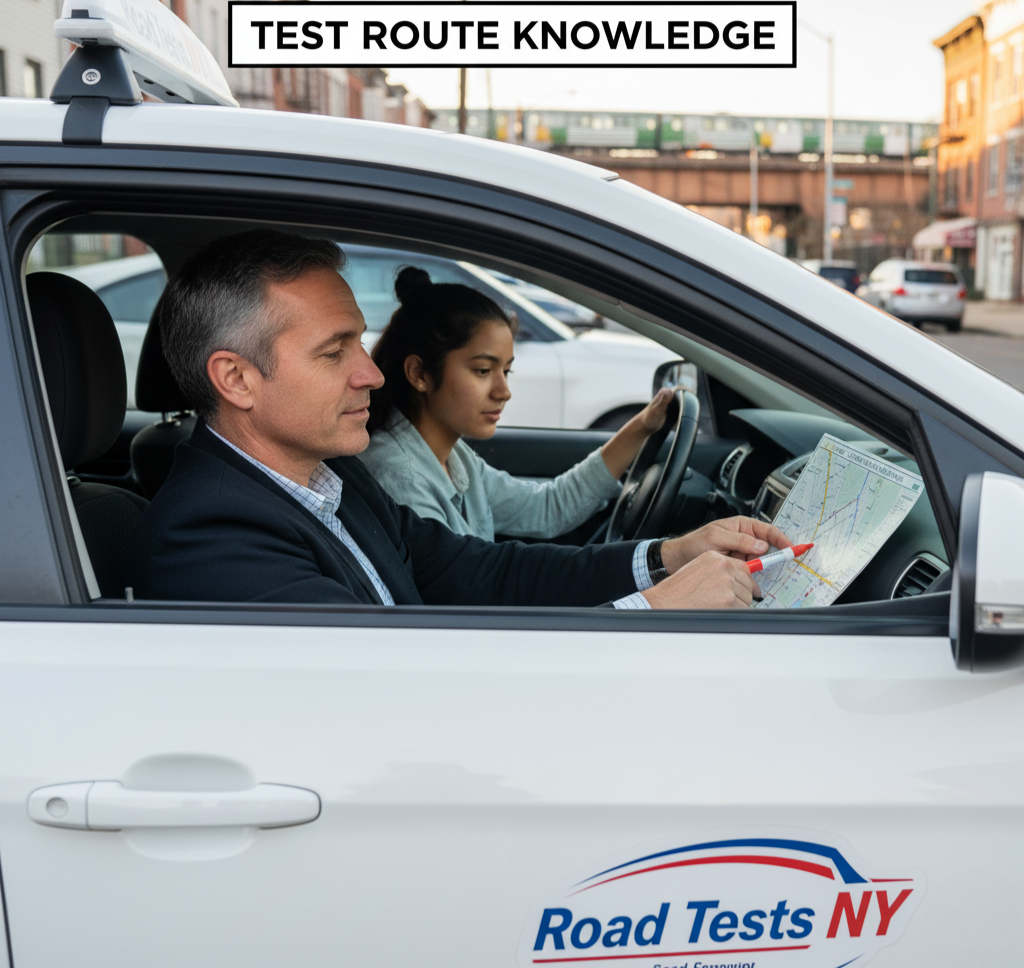 Driving instructor and student reviewing map in DMV-approved car, emphasizing test route knowledge for road test preparation in Queens.