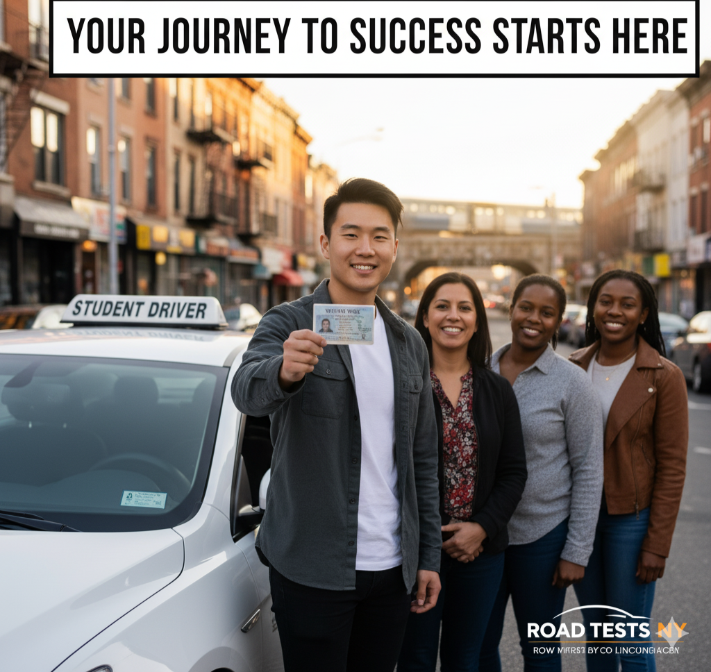 Student driver holding a DMV learner's permit in front of a driving school car, with three smiling women in support, showcasing the journey to driving success in Queens, New York.