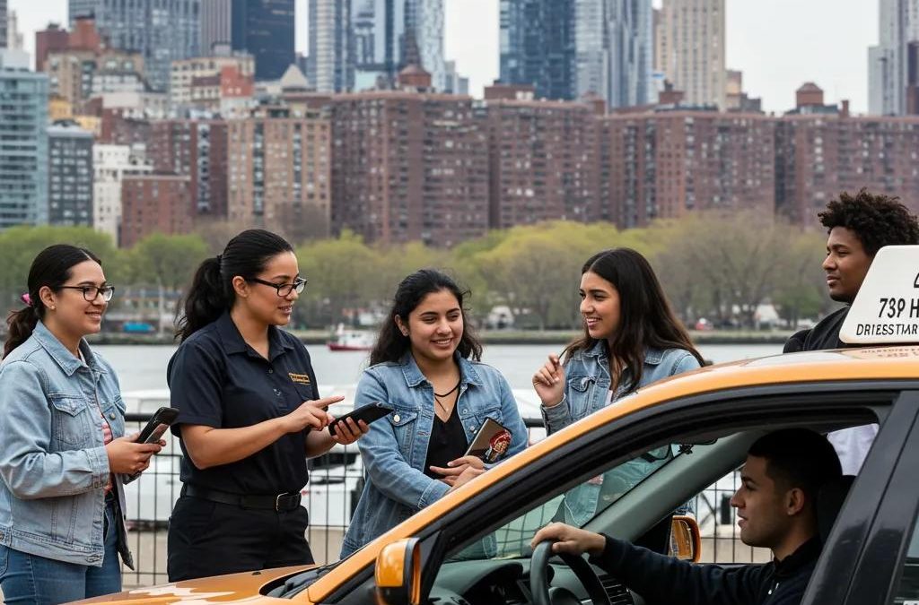 New drivers preparing for the New York road test with an instructor in a city setting