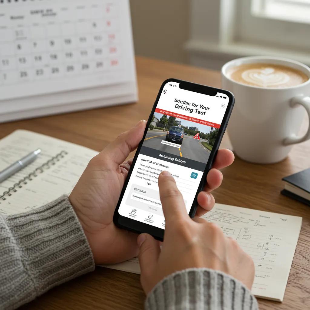 A person scheduling a New York driving test using a smartphone in a comfortable setting