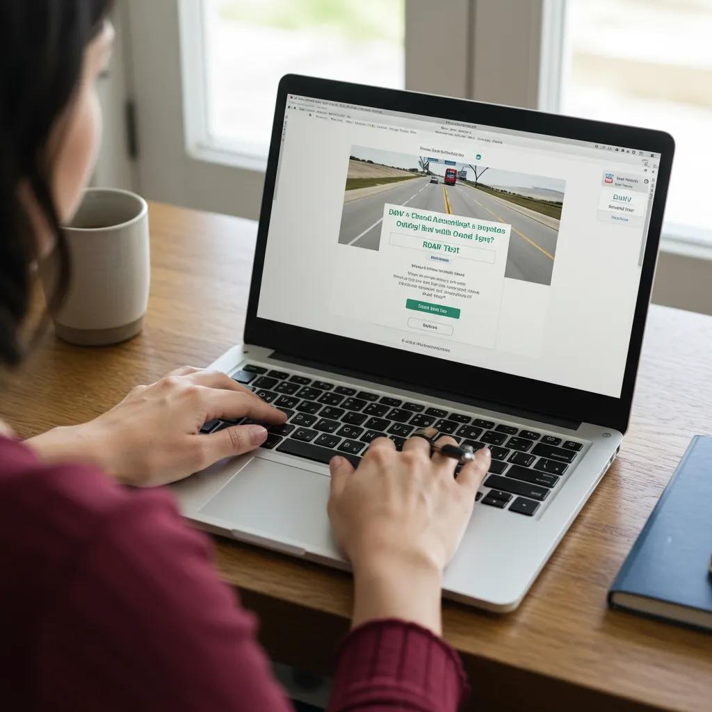 Person scheduling a NY road test online using a laptop, highlighting convenience and technology