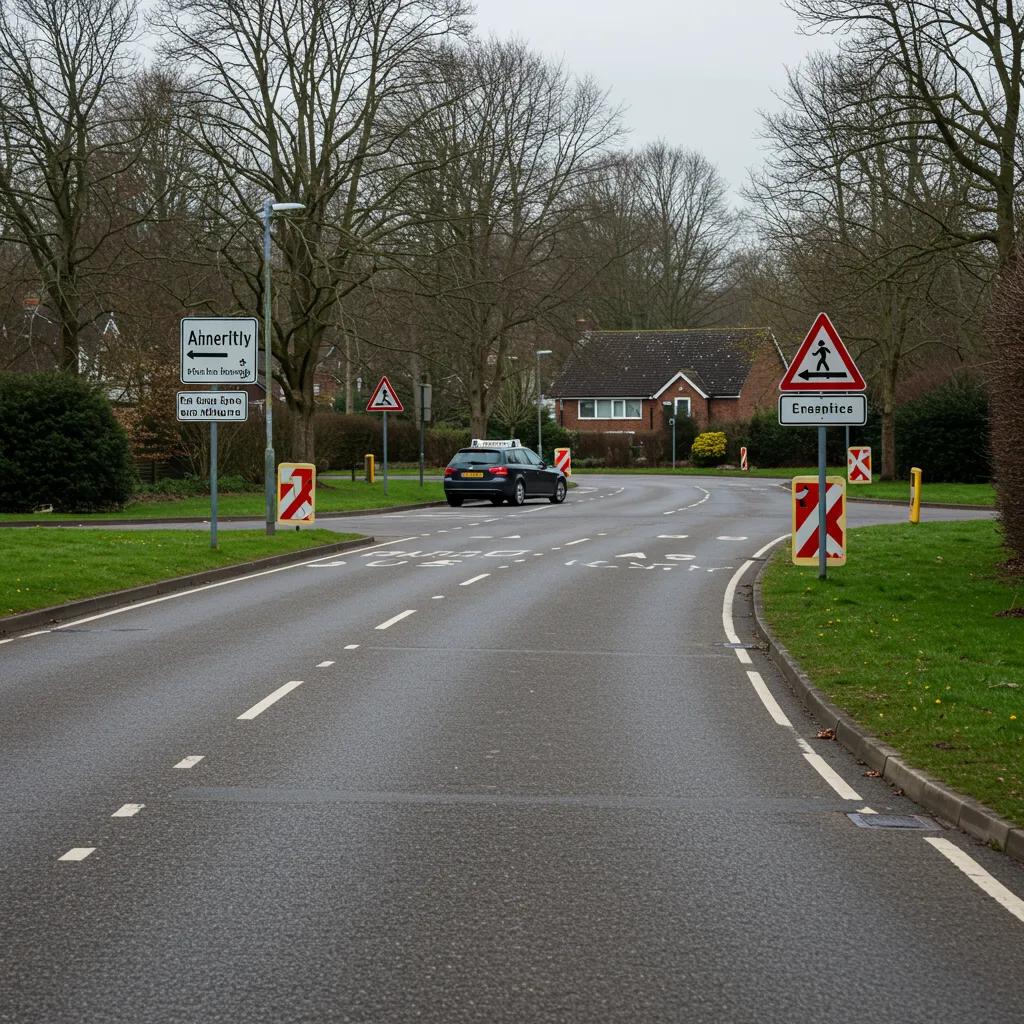 Suburban road test site with clear signage and minimal traffic, illustrating ease of driving