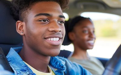 Teenage driver smiling in the driver's seat of a car with a passenger, illustrating preparation for a NY DMV road test.