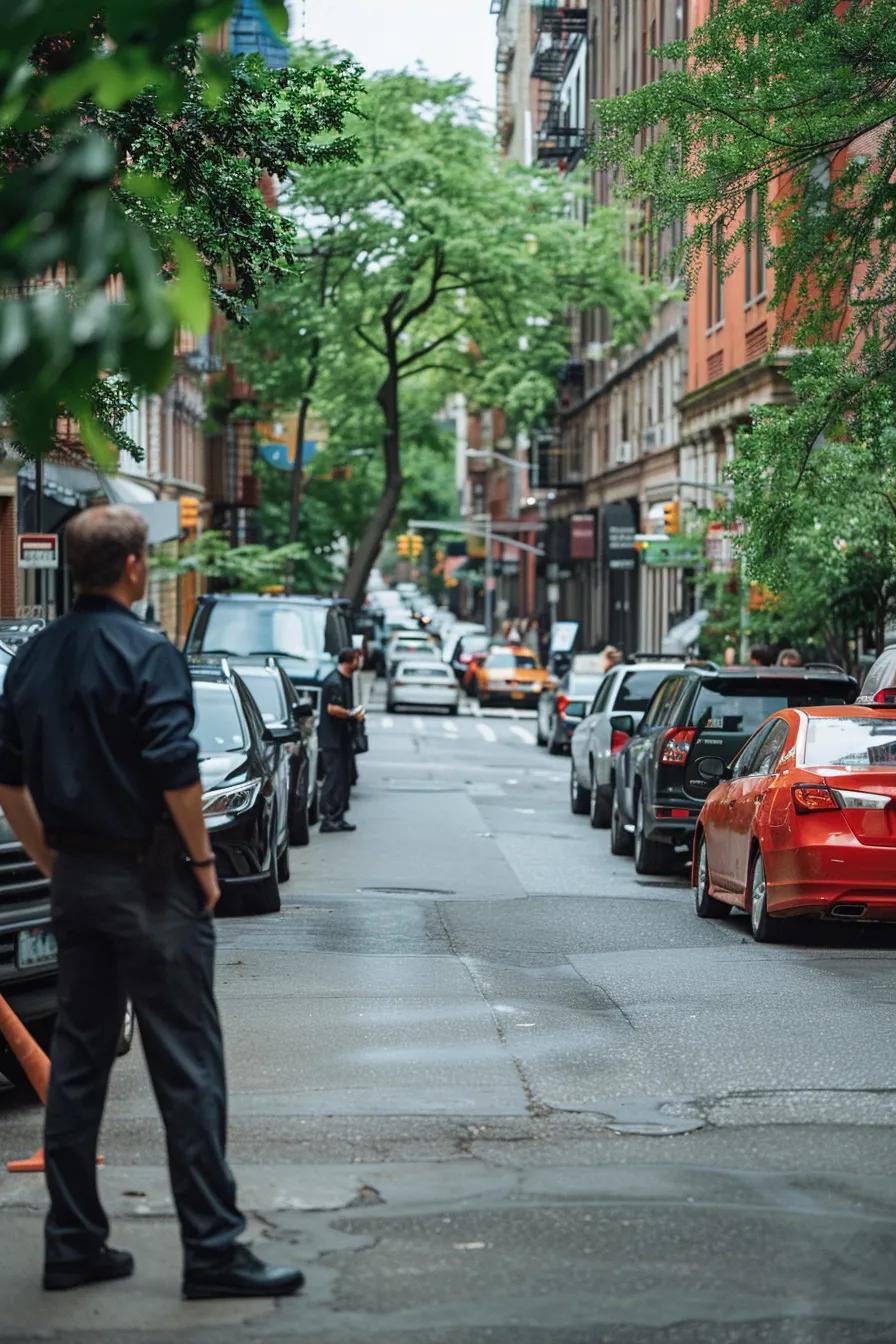 A driving instructor patiently guiding a student through parallel parking practice on a typical NYC street, emphasizing precision and technique