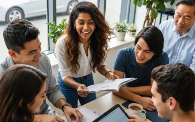 Diverse group of individuals collaborating and studying together, preparing for New York DMV road tests with learners' permits and driving resources.