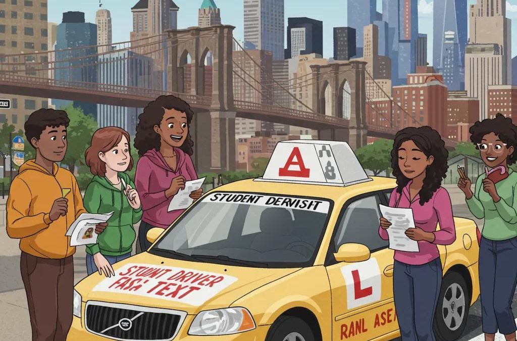 Diverse group of hopeful drivers preparing for their NYC driving test, learner's permit in hand, with a car and iconic city landmarks in the background