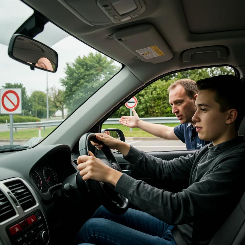Driving instructor assisting a student with parallel parking practice