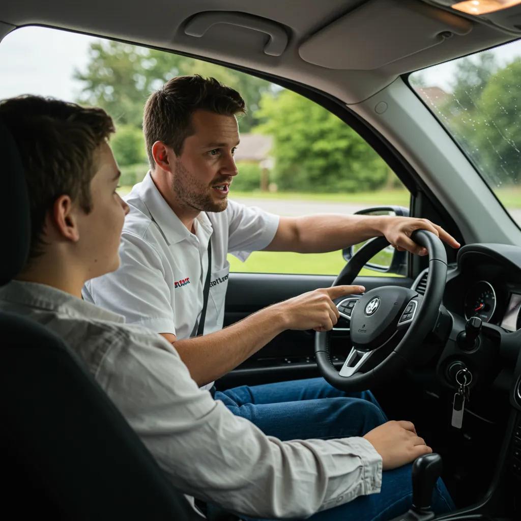 Driving instructor guiding a student during practice for the NY road test