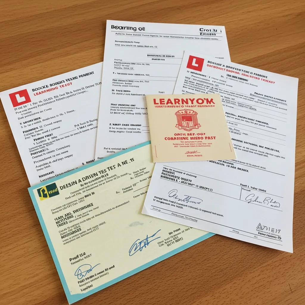 Essential documents for booking a New York driving test displayed on a table