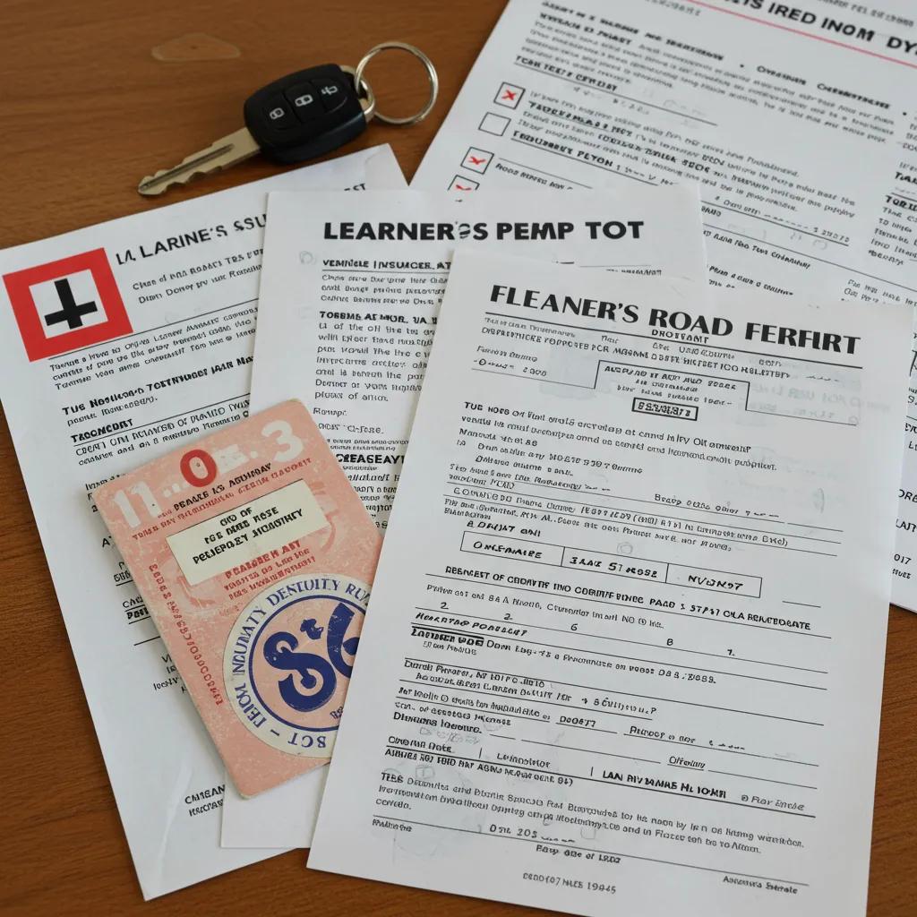 A clear display of essential documents for a NY road test, including a valid learner's permit, MV-278 certificate, and vehicle insurance card