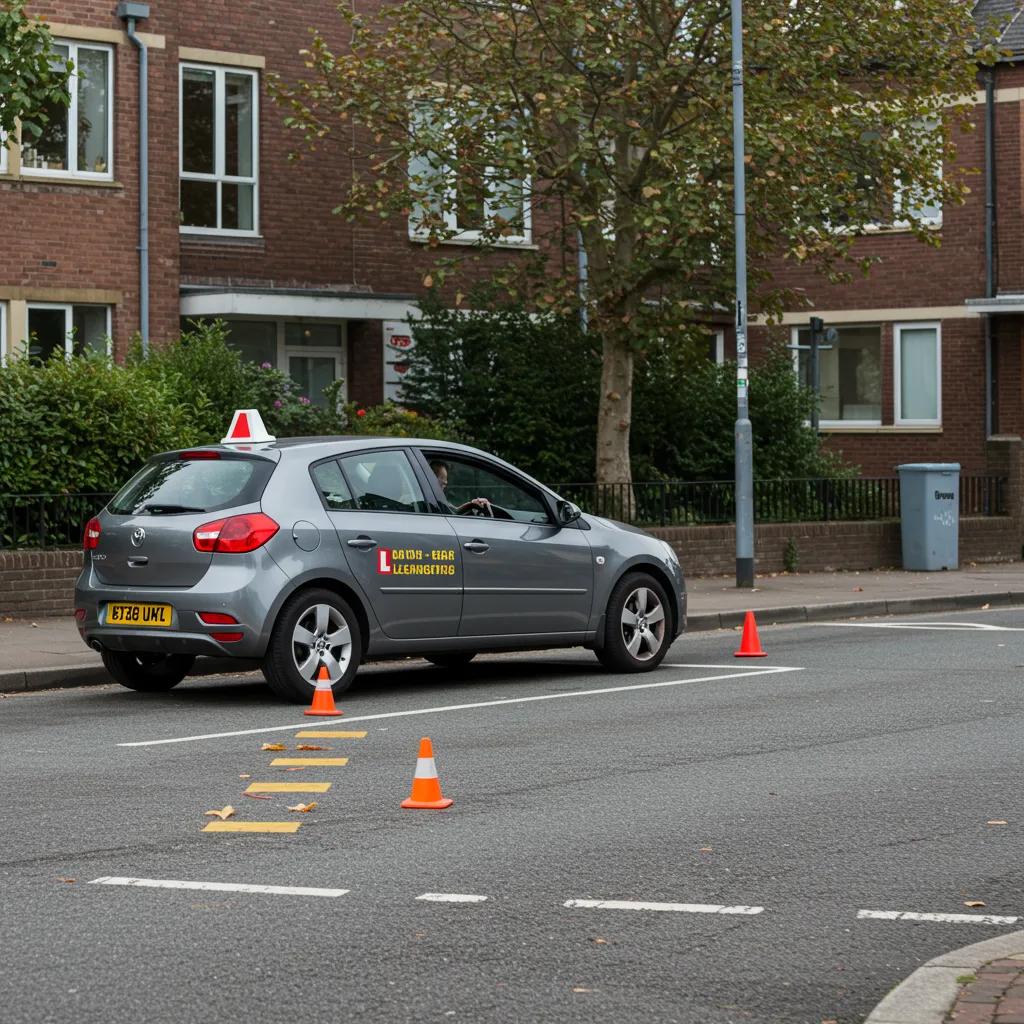 Learner driver practicing parallel parking maneuvers in an urban setting