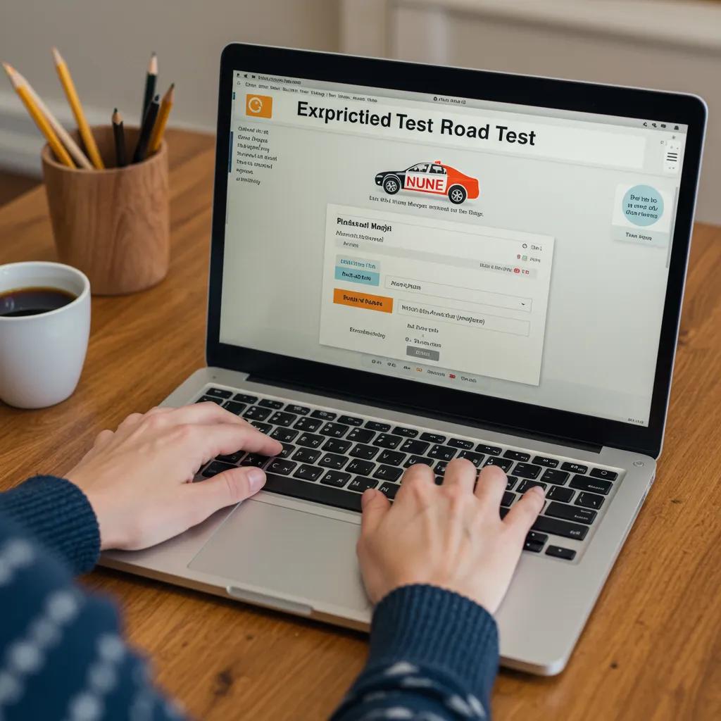 Person booking expedited NY DMV road test appointment online from home office