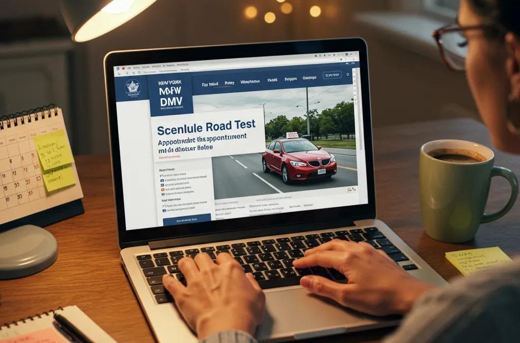 Person scheduling a New York road test appointment online in a cozy home office
