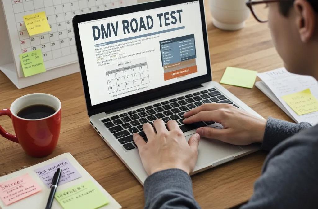 Young adult scheduling a DMV road test appointment on a laptop with a calendar and notes
