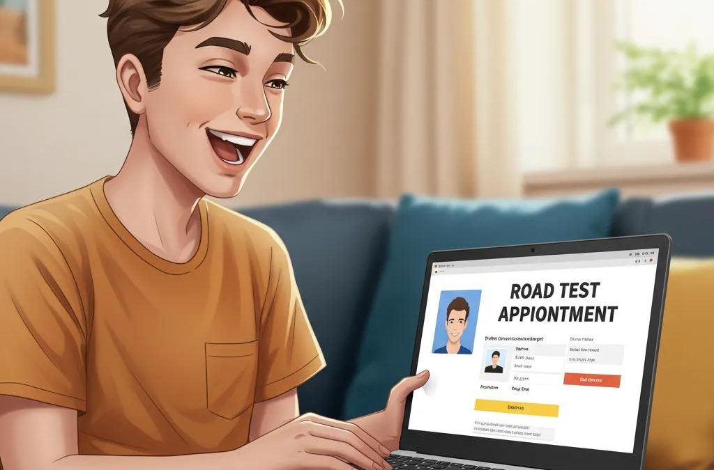 Young adult scheduling a road test appointment online in a cozy home setting