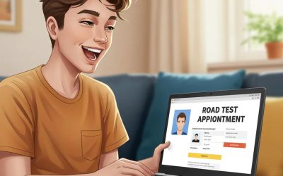Young adult scheduling a road test appointment online on a laptop in a cozy home setting, smiling with excitement.