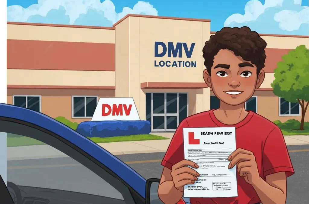 Young driver preparing for NY DMV road test with learner's permit in front of DMV office