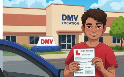 Young driver holding a learner's permit in front of a DMV office, symbolizing preparation for the New York road test.