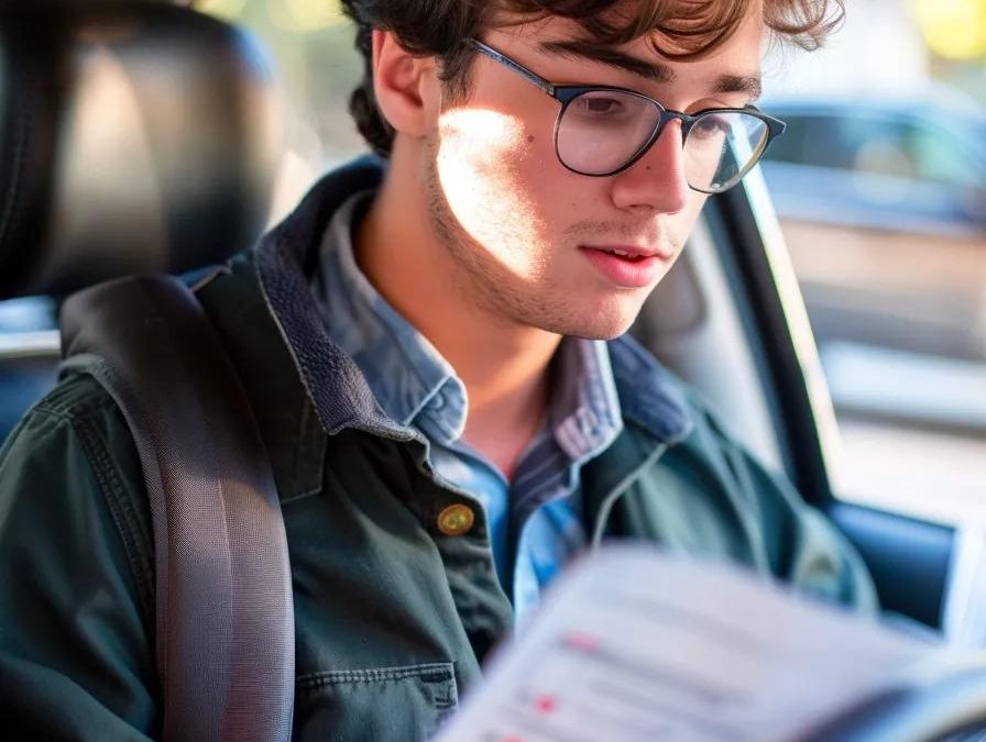 A young driver confidently reviewing a checklist for their New York road test, learner's permit in hand