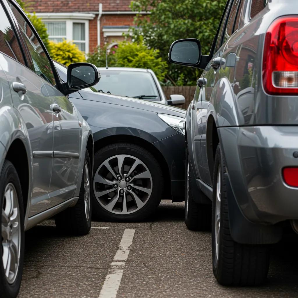A car expertly parallel parking between two vehicles on a residential street, showcasing the precision essential for your Fresh Meadows road test.