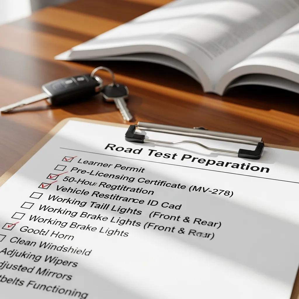 Checklist for NY road test: driving manual, keys, and documents