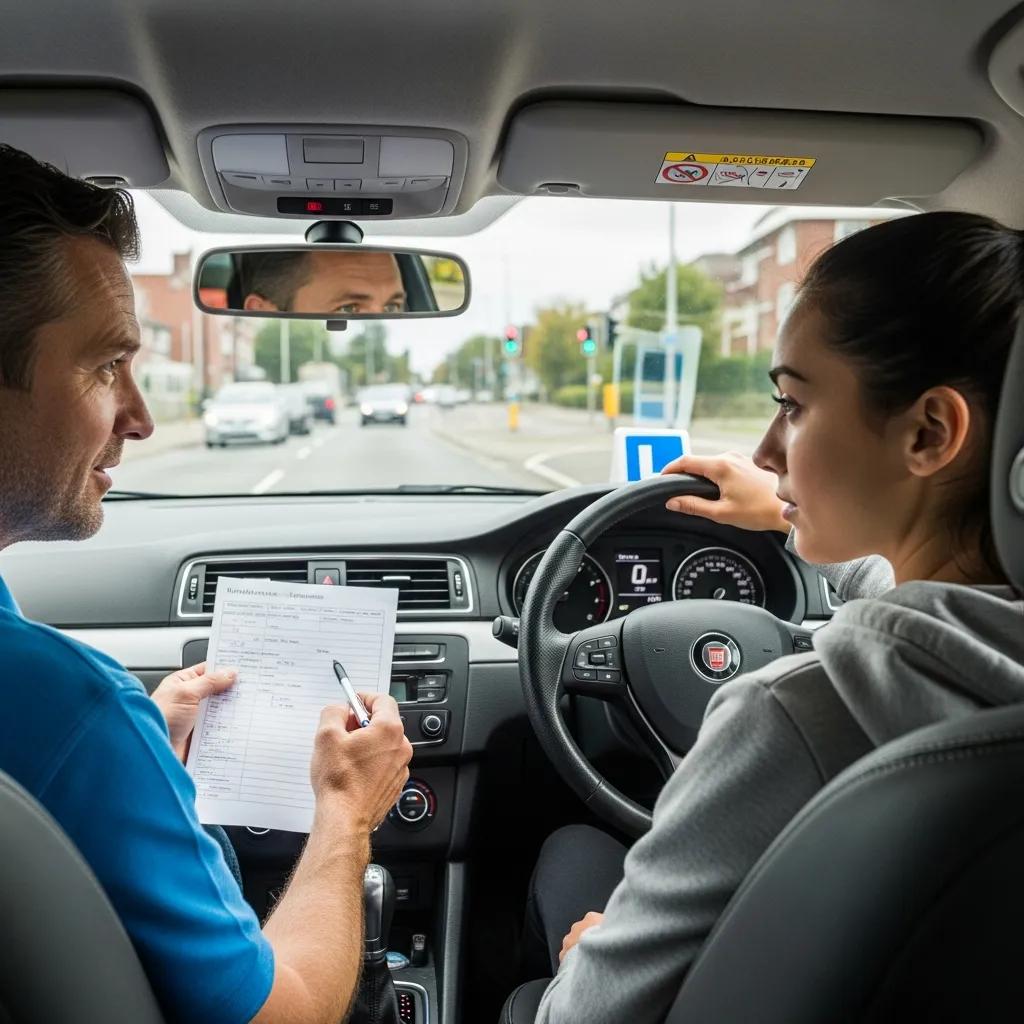 Driving instructor giving feedback to a student during a lesson
