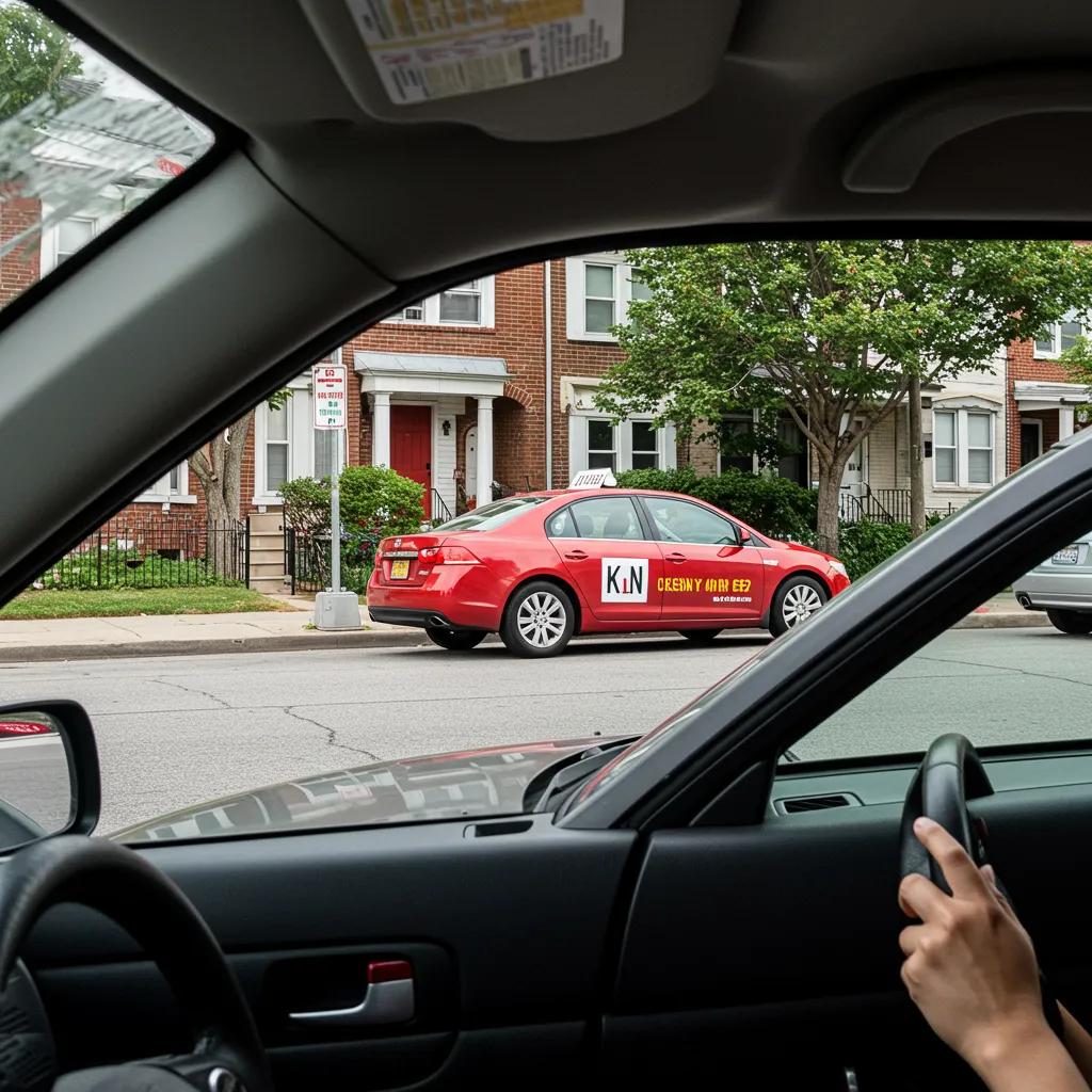 A learner driver confidently practicing a K-turn on a quiet residential street, mirroring the real-world conditions of the Fresh Meadows road test route.