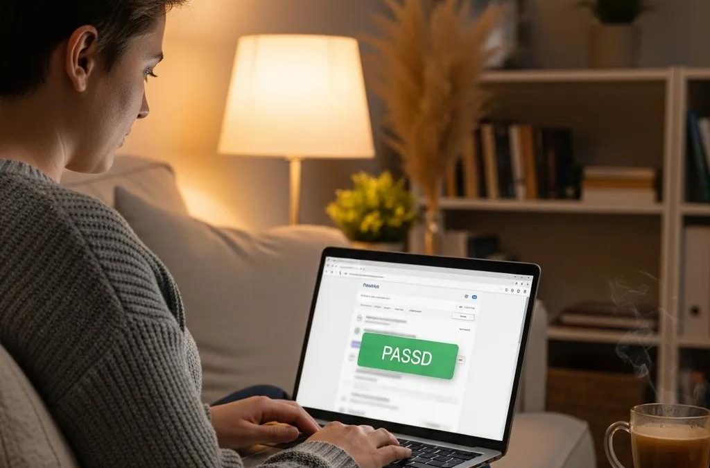 Person checking New York road test results on a laptop in a cozy home setting, displaying a "PASSED" notification, emphasizing the process of retrieving results after 6 PM.