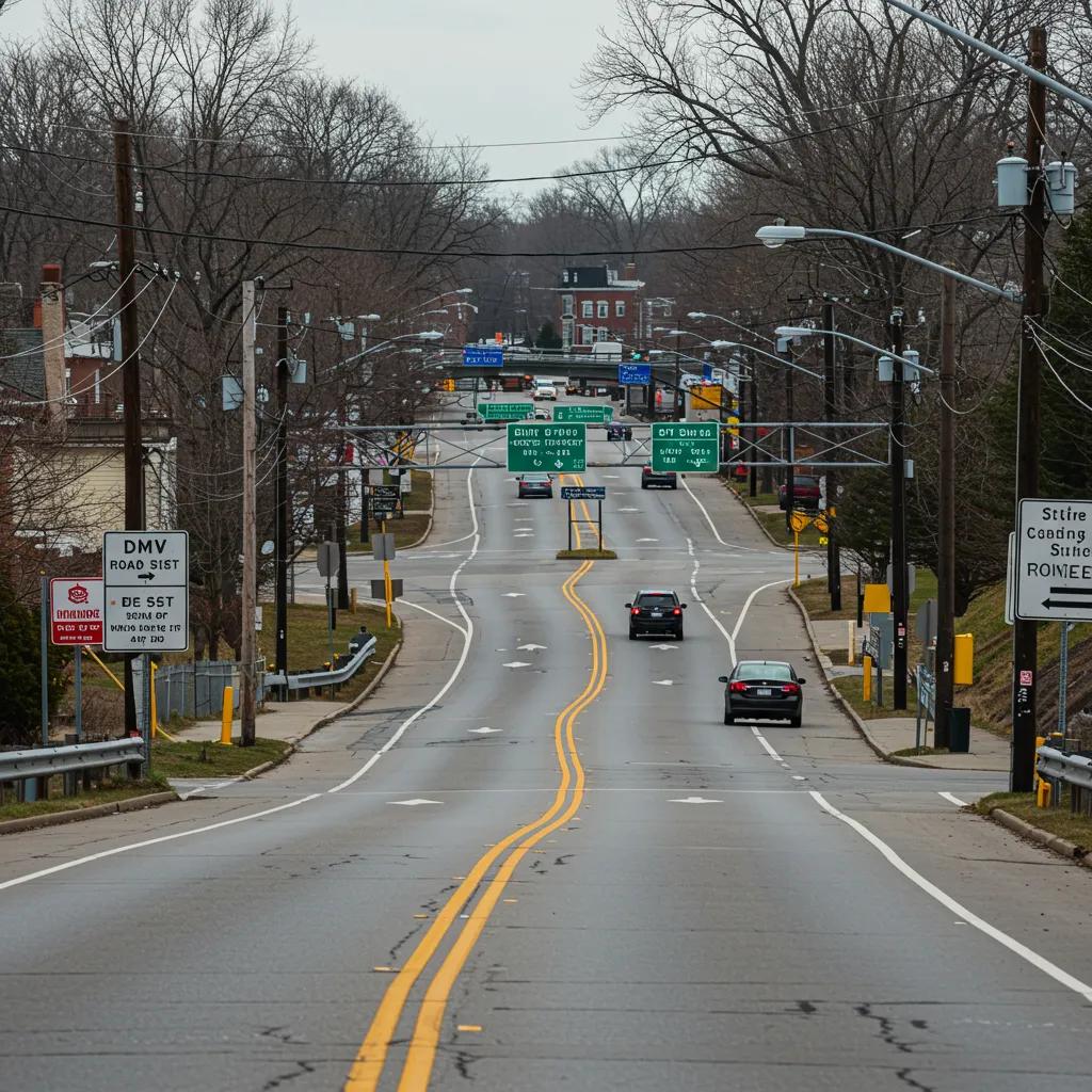 Scenic view of a New York road test site with cars practicing driving maneuvers in a calm setting