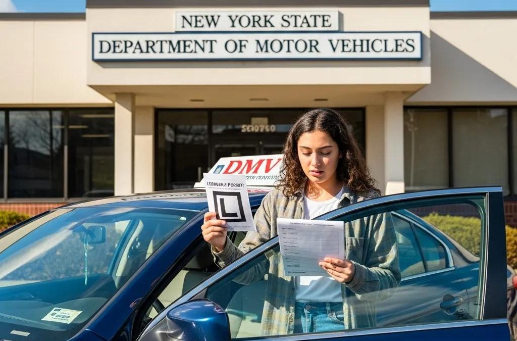 Young adult preparing for NY road test with learner's permit in front of DMV office